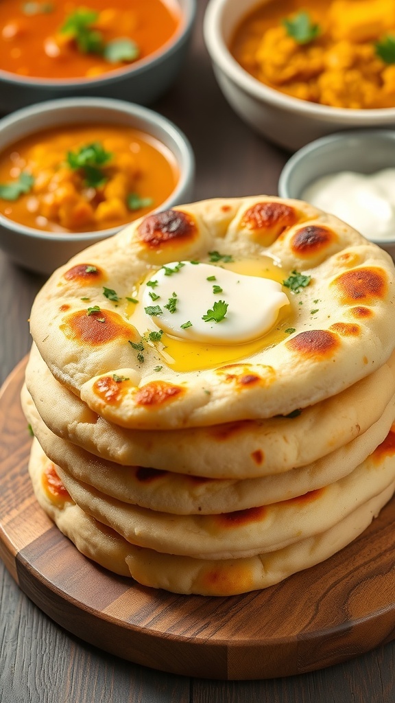 A stack of golden naan bread brushed with butter, served with curry and yogurt.